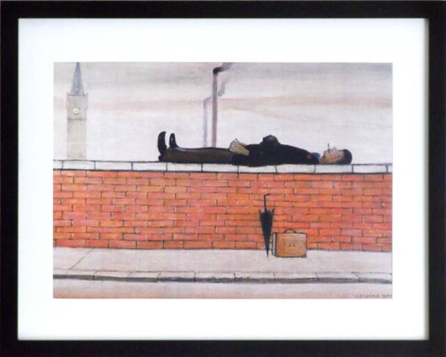L S Lowry Art Print - Man Lying On A Wall, Black Frame - image 1