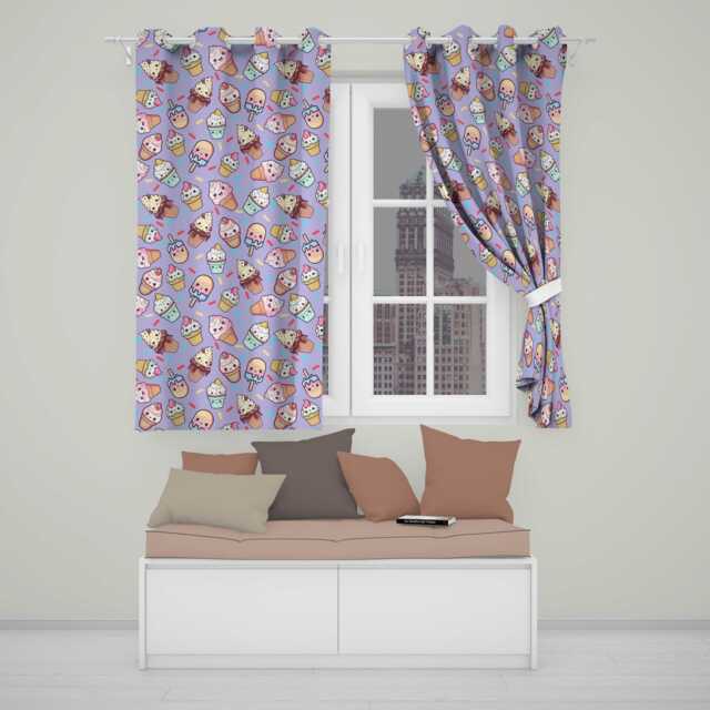 Kawaii Ice Cream Cone Popsicle Sweet Dessert Seamless Pattern Purple Readymade Eyelet Ring Top Thermal 100% Blackout Curtains - image 1