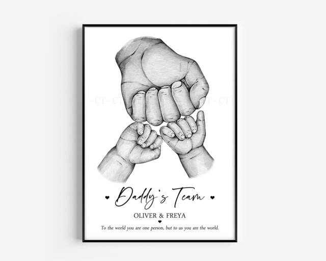 Personalised Family Daddy's Team Print Fists Gift Up To 5 Children Only Unframed - image 1