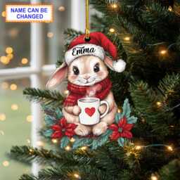Custom Name Cute Rabbit Smiling With Mistletoe Personalized Ornament, Christmas Tree Hanging Decor, Flat 2D Ornament - thumbnail 1