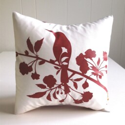 Red Bird & Blossom Pillow Silkscreened Cotton Mini Pillow - 10.5 Inch - thumbnail 2