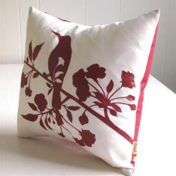 Red Bird & Blossom Pillow Silkscreened Cotton Mini Pillow - 10.5 Inch - thumbnail 3