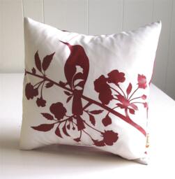 Red Bird & Blossom Pillow Silkscreened Cotton Mini Pillow - 10.5 Inch - thumbnail 1