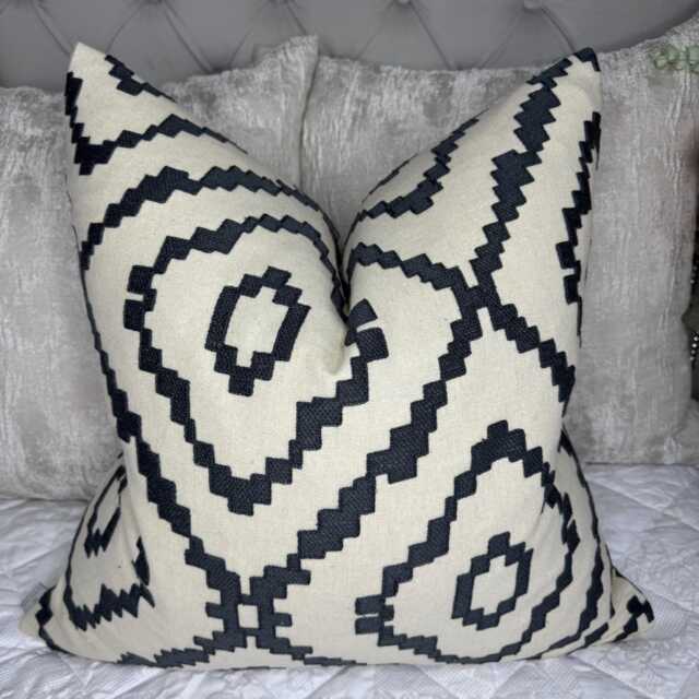 Folk Inspired Pillow Cover - Geometric Embroidered Cover, Wool Mix Cushion Sofa, Chair, Designer Villa Nova Fabric, Sami V3253 - image 1