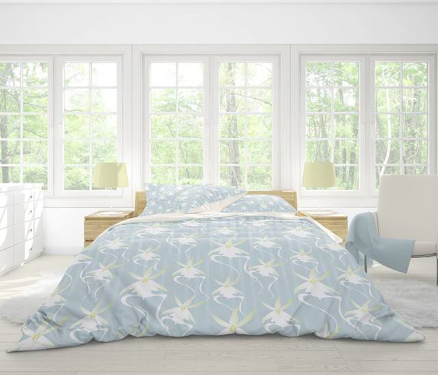 Floral Duvet Cover, Orchid Cover, Bedding, Bedroom Decor, Queen Duvet, Modern Bedding, King Duvet, Light Blue Duvet, White Flowers - image 1