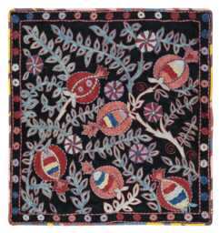 Handmade Uzbek Silk Suzani 27x28 In, Modern 100% Wall Hanging. Embroidered Tablecloth. Boho Decor. Black Throw