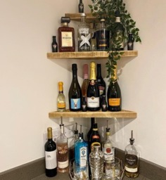 Floating Thick Corner Shelf, Straight Edge, 3 Different Sizes, Reclaimed Solid Wood, For Brick Masonry Wall - thumbnail 1