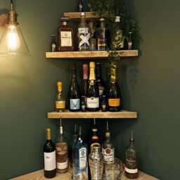 Floating Thick Corner Shelf, Straight Edge, 3 Different Sizes, Reclaimed Solid Wood, For Brick Masonry Wall - thumbnail 3
