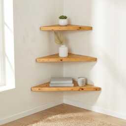 Floating Thick Corner Shelf, Straight Edge, 3 Different Sizes, Reclaimed Solid Wood, For Brick Masonry Wall - thumbnail 2