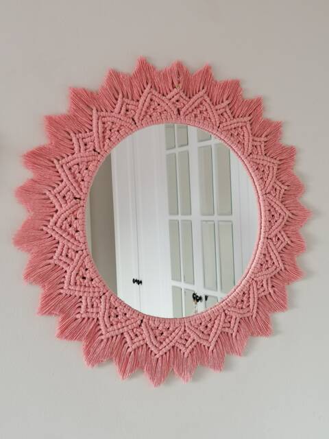 Blush Pink Macrame Mirror - Baby Girl Room Decor Bohemian Home Decoration Handmade For Shower Express Shipping - 1-3 Days - image 1