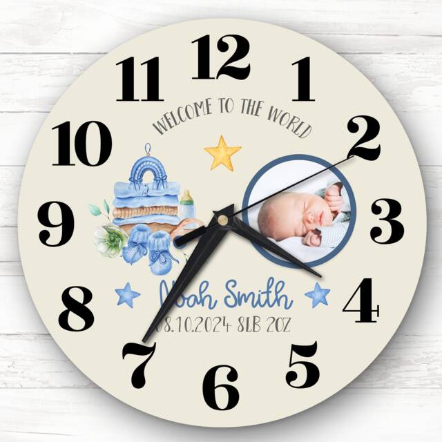 New Baby Boy Photo Blue Neutral Personalised Gift Clock - image 1