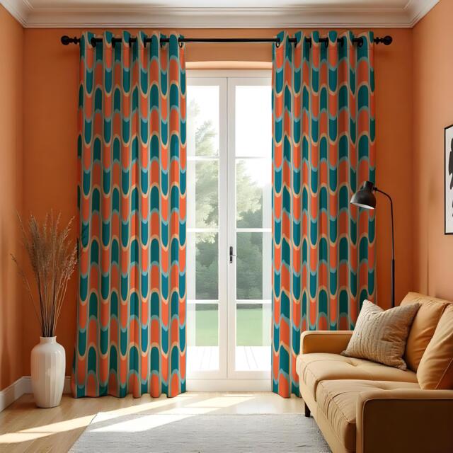 Retro Wave Curtains, Mid Century Modern Orange & Teal Geometric Drapes, 70S Inspired Pattern Window Panels - image 1