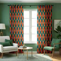 Retro Wave Curtains, Mid Century Modern Orange & Teal Geometric Drapes, 70S Inspired Pattern Window Panels - thumbnail 2