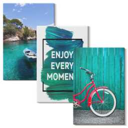 Canvas Wall Art Set Of 3 - Sea View With Boat Bicycle Inspirational Text, Turquoise Print On Canvas, Landscapes Hanging Piece