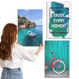 Canvas Wall Art Set Of 3 - Sea View With Boat Bicycle Inspirational Text, Turquoise Print On Canvas, Landscapes Hanging Piece - thumbnail 2
