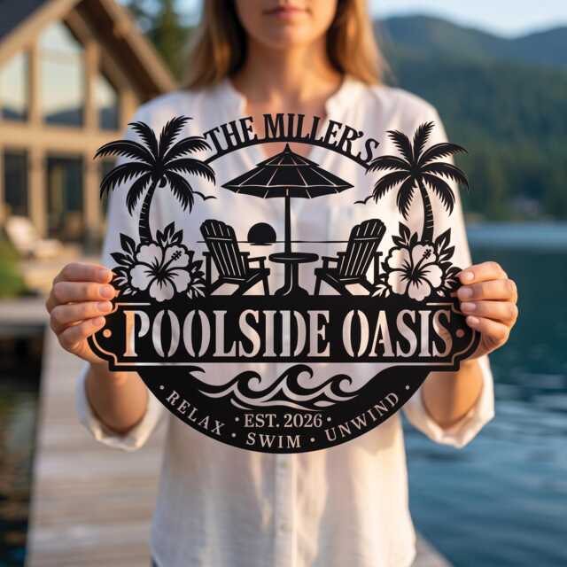 Personalized Poolside Oasis Sign, Custom Palm Tree Metal Wall Art, Backyard Pool Decor - image 1
