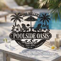 Personalized Poolside Oasis Sign, Custom Palm Tree Metal Wall Art, Backyard Pool Decor - thumbnail 4