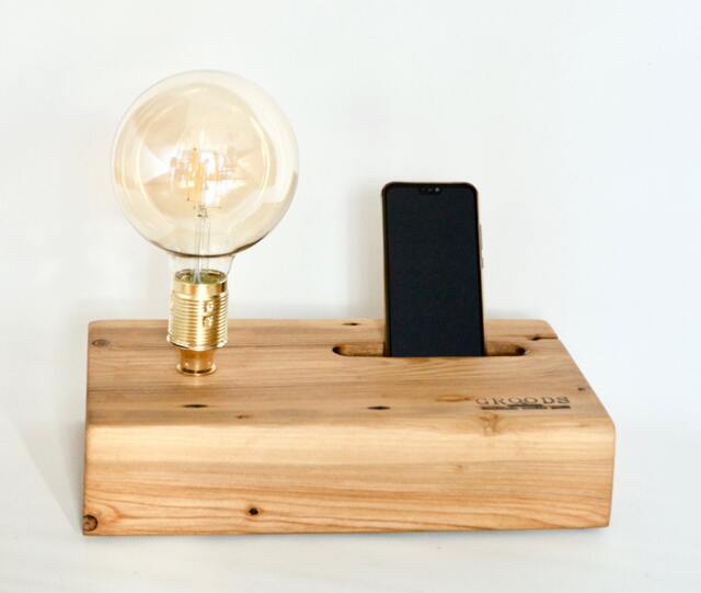 Handmade Reclaimed Wood Table Lamp With Phone Holder - image 1