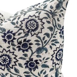 Designer Floral On Natural Linen Pillow Cover, Blue Pillow, Boho Decorative Throw Navy Blue Pillow Cover, Dark - thumbnail 2