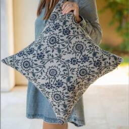 Designer Floral On Natural Linen Pillow Cover, Blue Pillow, Boho Decorative Throw Navy Blue Pillow Cover, Dark - thumbnail 4