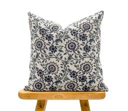 Designer Floral On Natural Linen Pillow Cover, Blue Pillow, Boho Decorative Throw Navy Blue Pillow Cover, Dark