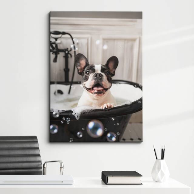 French Bulldog in The Bathtub Dog Pet Abstract Modern Painting Black & White Wall Art Framed Canvas Poster Print, Home Kitchen Office Decor - image 1