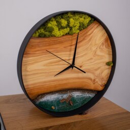 Wooden Wall Clock With Moss, Green Moss Scandinavian Home Decor, Resin Wood Art - thumbnail 2