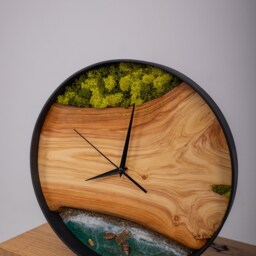 Wooden Wall Clock With Moss, Green Moss Scandinavian Home Decor, Resin Wood Art - thumbnail 3