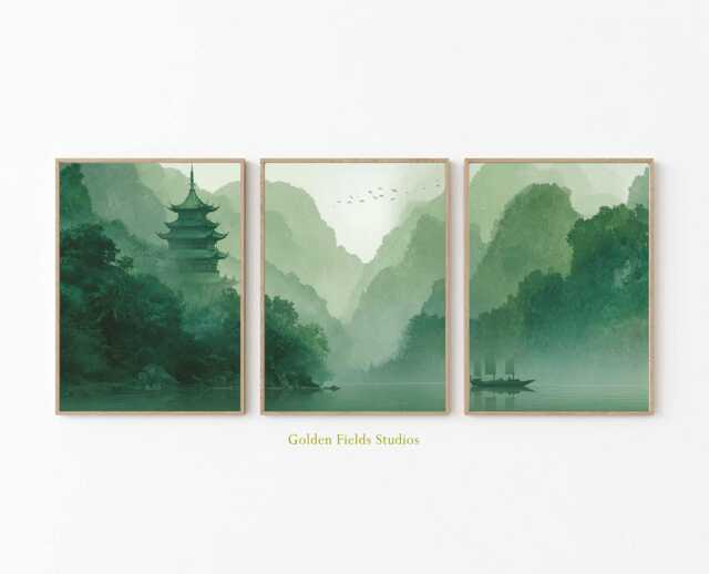 Asian Landscape Art Print Set Green Mountain Zen Pagoda - image 1
