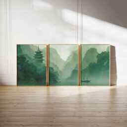 Asian Landscape Art Print Set Green Mountain Zen Pagoda - thumbnail 2