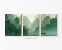 Asian Landscape Art Print Set Green Mountain Zen Pagoda - thumbnail 1