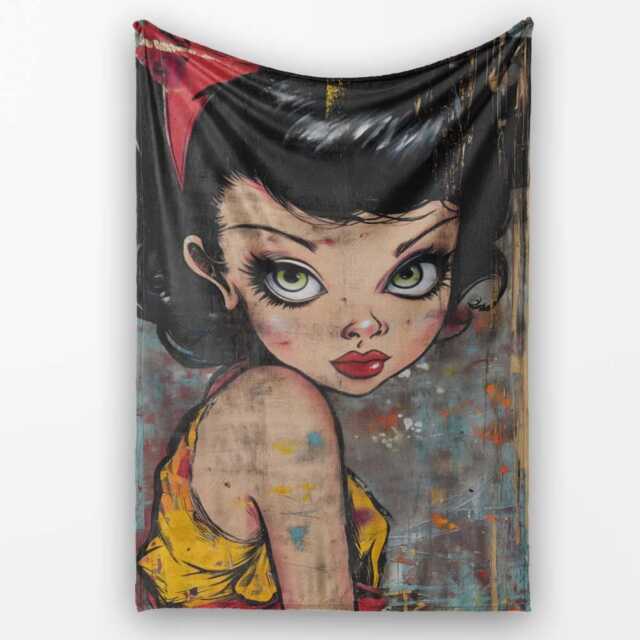Big Eyed Cartoon Girl Red Bow Colourful Grunge Art, All Season Comfort, Stylish Room Decoration - Super Soft Fleece Blanket Bed Sofa Throw - image 1