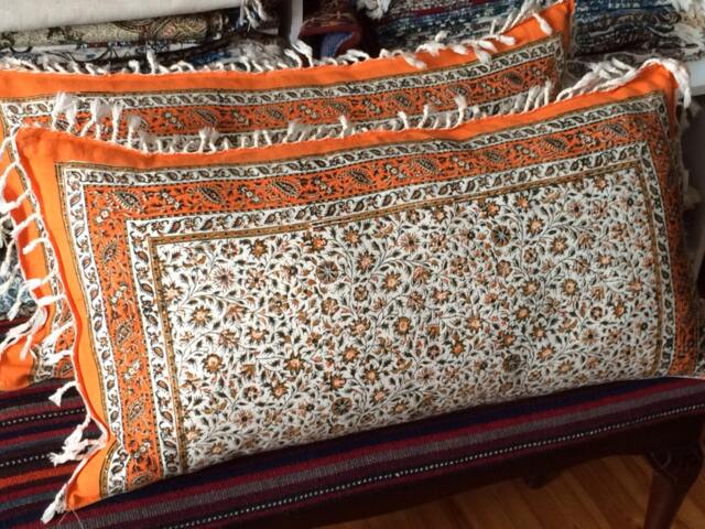 Set Of Two Handmade Orange Tapestry Pillow Cover, Floral Design in Calico Fabric & Irish Linen 16 X 30 Inches - image 1