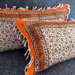 Set Of Two Handmade Orange Tapestry Pillow Cover, Floral Design in Calico Fabric & Irish Linen 16 X 30 Inches - thumbnail 2