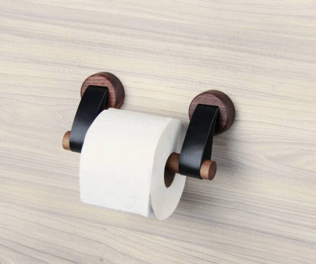 Walnut Wood Toilet Paper Holder With Leather Straps - image 1