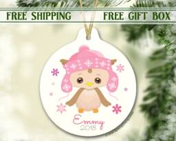Personalized Children's Christmas Ornament - Girl Owl Pink 2018 Yearly