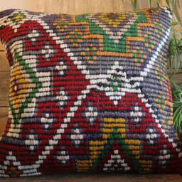 40cm - 16Inch Boho Kilim Cushion Cover Handwoven - Full Weave Brocade Vibrant Wine Red Green White - thumbnail 2