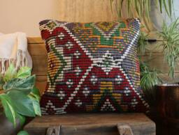 40cm - 16Inch Boho Kilim Cushion Cover Handwoven - Full Weave Brocade Vibrant Wine Red Green White - thumbnail 1
