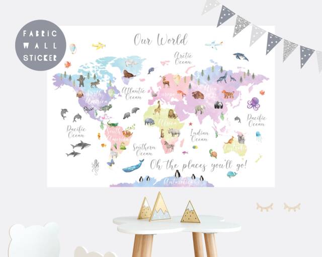 Animal World Map Fabric Wall Sticker Nursery Art - image 1