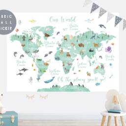 Animal World Map Fabric Wall Sticker Nursery Art - thumbnail 3