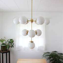 3 Tiered Sputnik Globe Chandelier, 10 Frosted Opal White Glass Bubble Pendant Lighting Fixture, Modern Brass Statement Chandelier - thumbnail 3