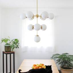 3 Tiered Sputnik Globe Chandelier, 10 Frosted Opal White Glass Bubble Pendant Lighting Fixture, Modern Brass Statement Chandelier - thumbnail 2