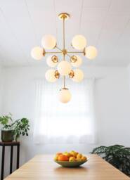 3 Tiered Sputnik Globe Chandelier, 10 Frosted Opal White Glass Bubble Pendant Lighting Fixture, Modern Brass Statement Chandelier