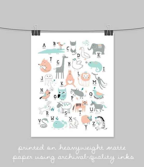 Animal Alphabet Wall Art Teal & Peach Nursery Print - image 1