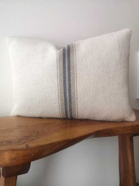 French Vintage Grey Stripe Grain Sack Cushion Cover Rustic Country Style Oblong Pillow - image 1