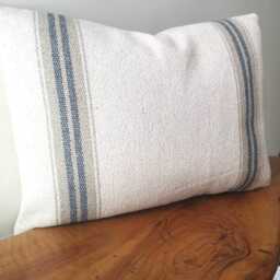 French Vintage Grey Stripe Grain Sack Cushion Cover Rustic Country Style Oblong Pillow - thumbnail 3