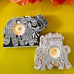 Set Of 2 Handmade Wooden Elephant Design Tealight Candle Holders For Rustic Home Decor Block Print Boho Candle Holder Festive Wood Decor - thumbnail 2