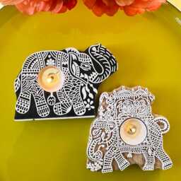 Set Of 2 Handmade Wooden Elephant Design Tealight Candle Holders For Rustic Home Decor Block Print Boho Candle Holder Festive Wood Decor - thumbnail 3