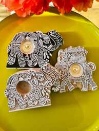 Set Of 2 Handmade Wooden Elephant Design Tealight Candle Holders For Rustic Home Decor Block Print Boho Candle Holder Festive Wood Decor - thumbnail 1