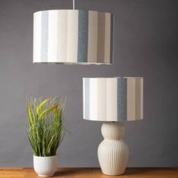 Nautical Harbour Stripe Lampshade. Denim Blue, Grey & Seafoam White Traditional Cylinder Style Shade. 30cm & 40cm Sizes Available - thumbnail 1